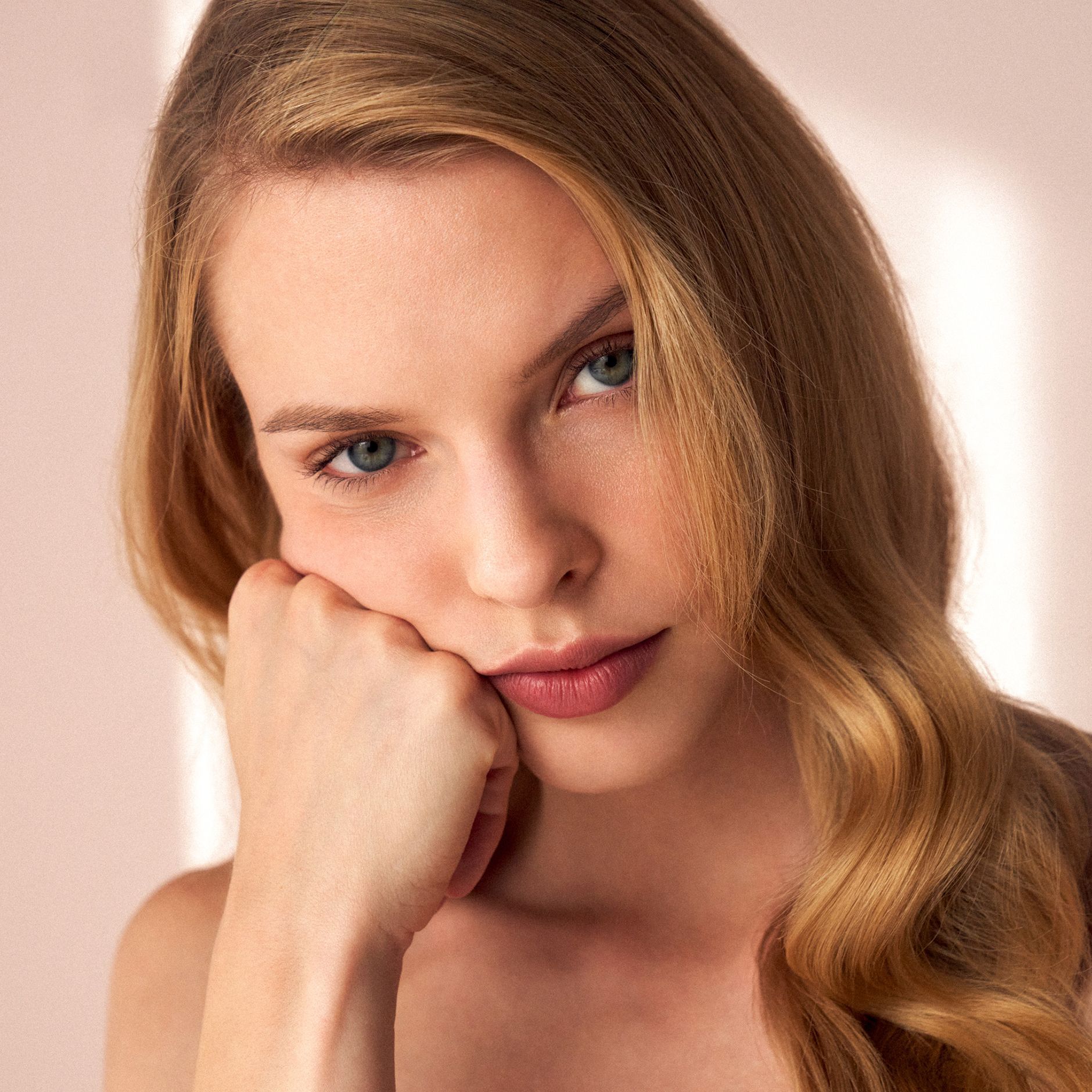 Blond woman model wondering